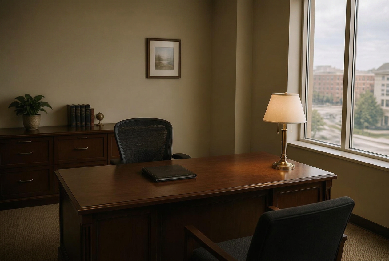 A quiet office with a wood desk and a lamp beside a tall window