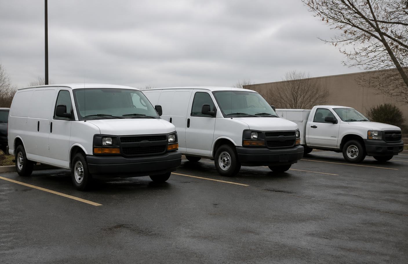 Two white work vans and a utility pickup parked in a row on a gray lot